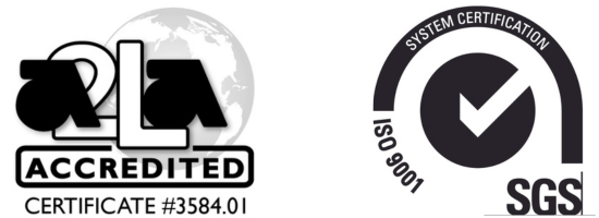 A2LA Accredited and ISO 9001 logos